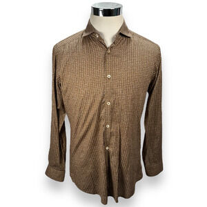 Guglielminotti Button Up Shirt Mens 40 15 1/4 Brown Geometric Slim Fit Italy